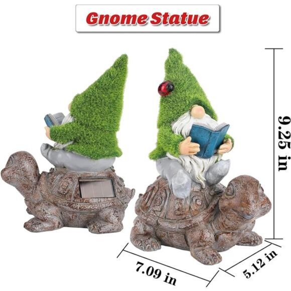 Garden Gnome Sitting on Turtle Outdoor Statues and Sculpture with Solar Lights - Picture 6 of 7